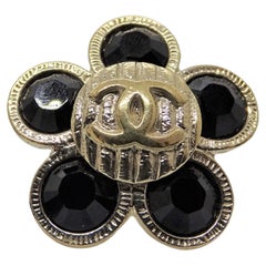 Chanel Used Black Crystal and Gold Plate Flower Ring