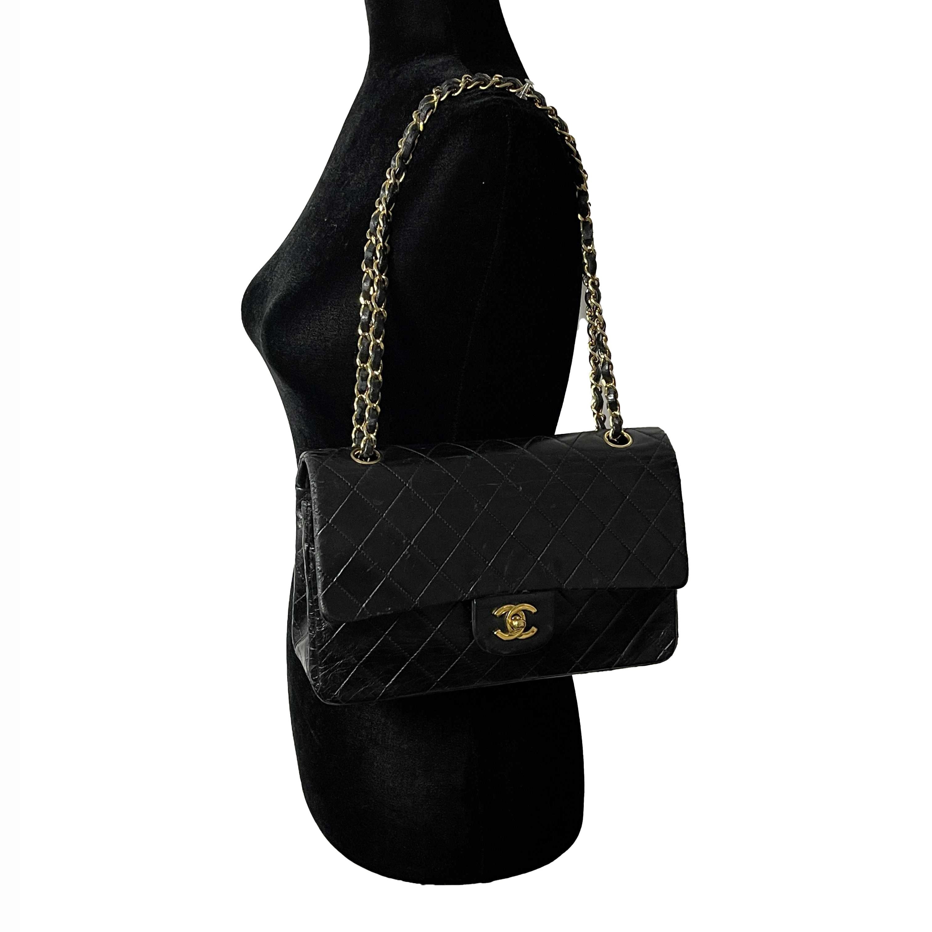 CHANEL Vintage Black / Gold CC Medium Double Flap Quilted Shoulder / Crossbody In Good Condition In Sanford, FL