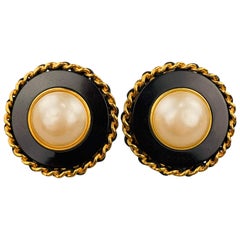 CHANEL Antique Black & Gold Tone Leather Woven Chain Pearl Clip On Earrings