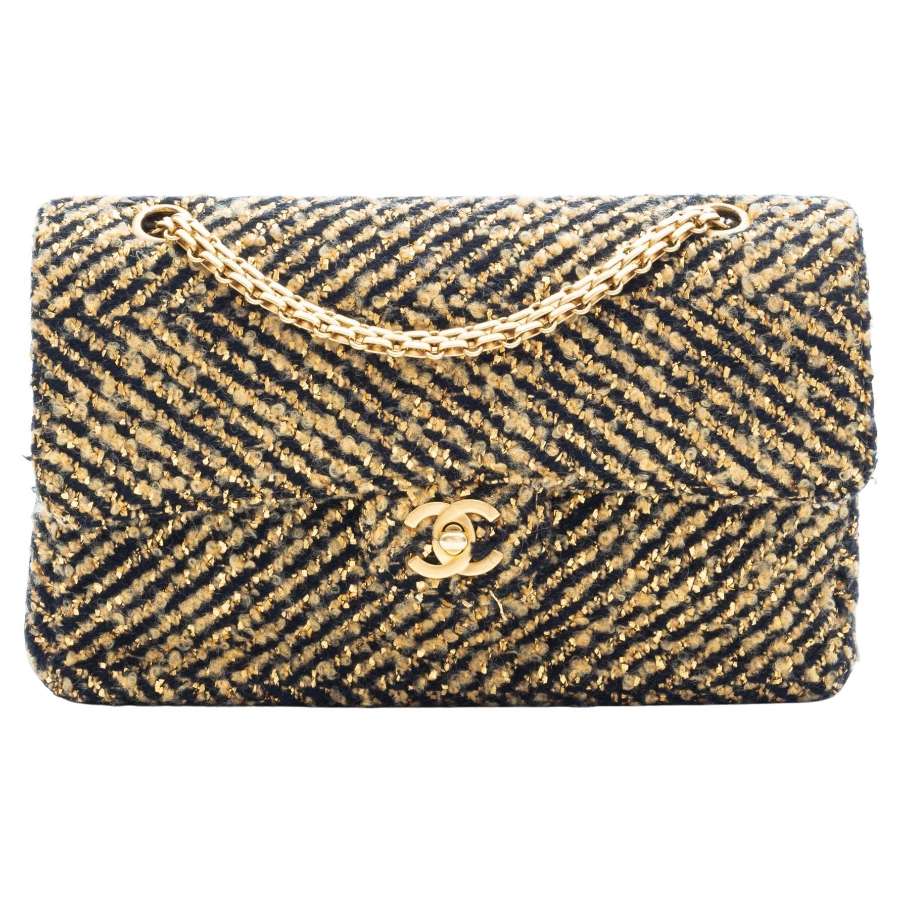 Chanel Vintage Black Gold Tweed Lame Medium Flap Bag (Circa 2000)