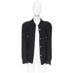 CHANEL vintage black gold tweed lame threads 4 pocket officer collar jacket FR38
