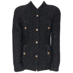 CHANEL vintage black gold tweed lame threads 4 pocket officer collar jacket FR38
