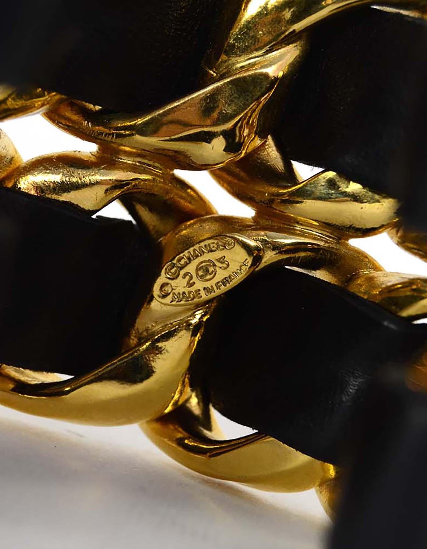 Chanel Vintage Black/Gold Wide Leather Laced Cuff Bracelet In Excellent Condition In New York, NY