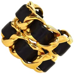 Chanel Vintage Black/Gold Wide Leather Laced Cuff Bracelet