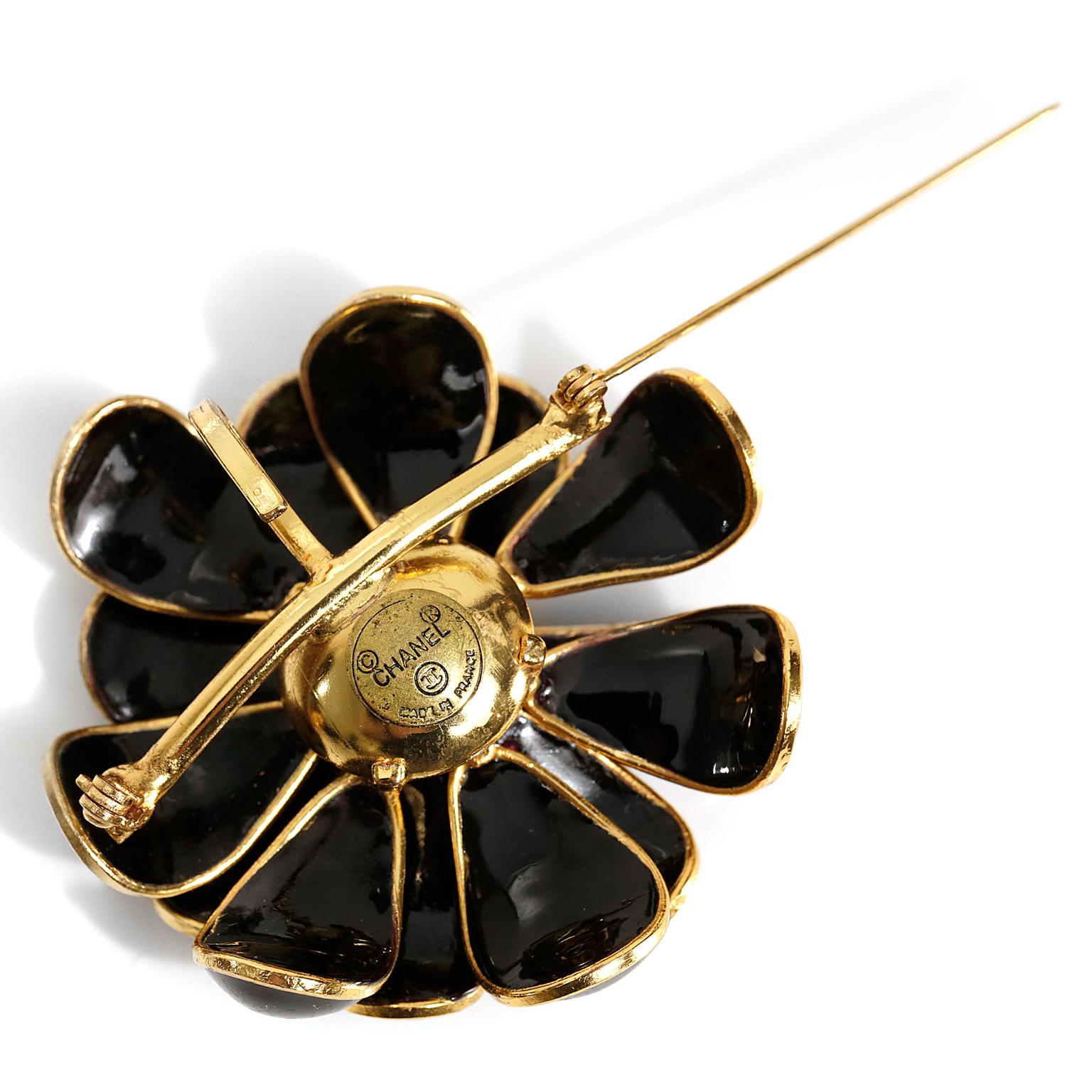 Chanel Vintage Black Gripoix Camellia Flower Pin In Excellent Condition In Palm Beach, FL