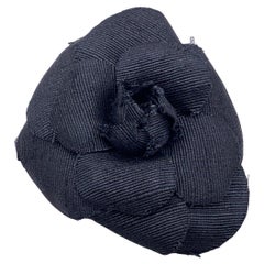 Chanel Vintage Black Gros Grain Camelia Camellia Flower Pin Brooch