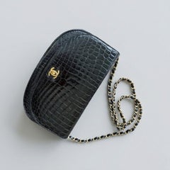 Chanel Vintage Black Halfmoon Crocodile Flap
