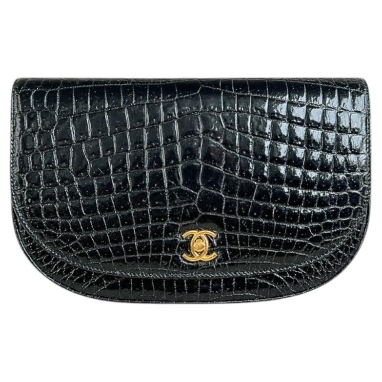 Chanel Vintage Black Halfmoon Crocodile Flap