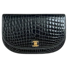 Chanel Vintage Black Halfmoon Crocodile Flap