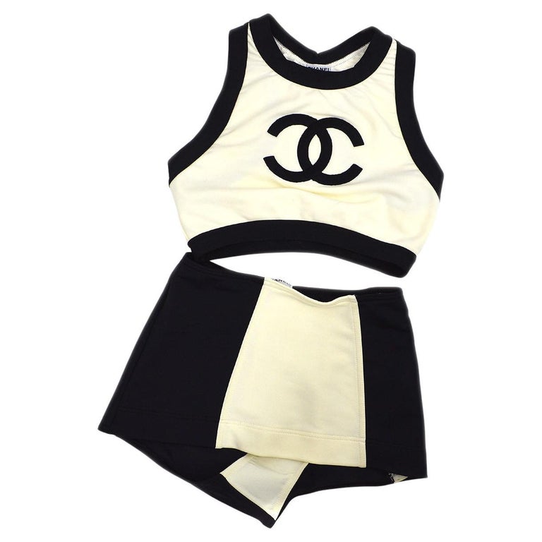 Chanel Vintage Black Ivory CC Two Piece Tank Boy Short Bikini Swimsuit For  Sale at 1stDibs
