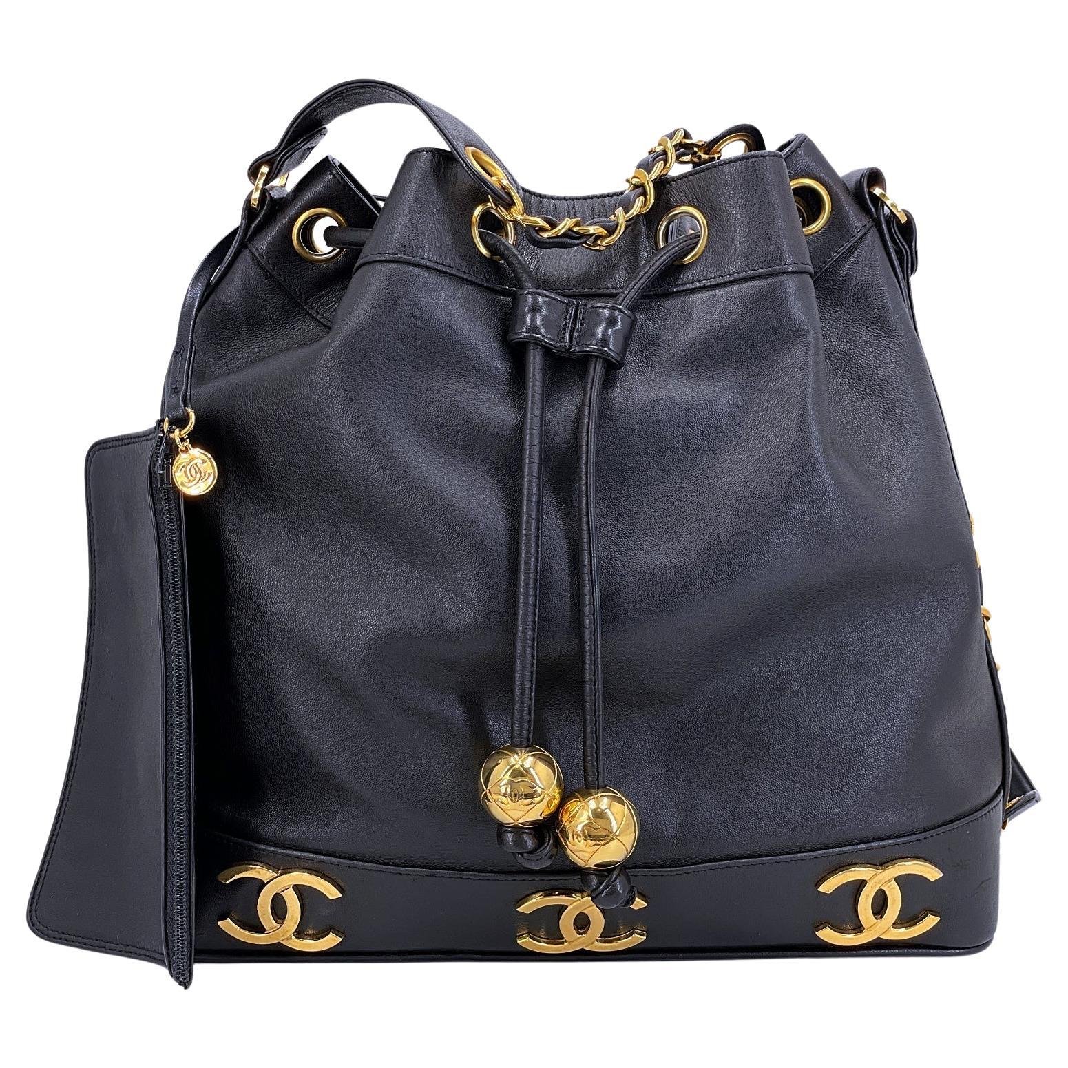 Chanel Vintage Black Lambskin 6-CC Rectangular Bucket Drawstring Bag GHW 68069 For Sale