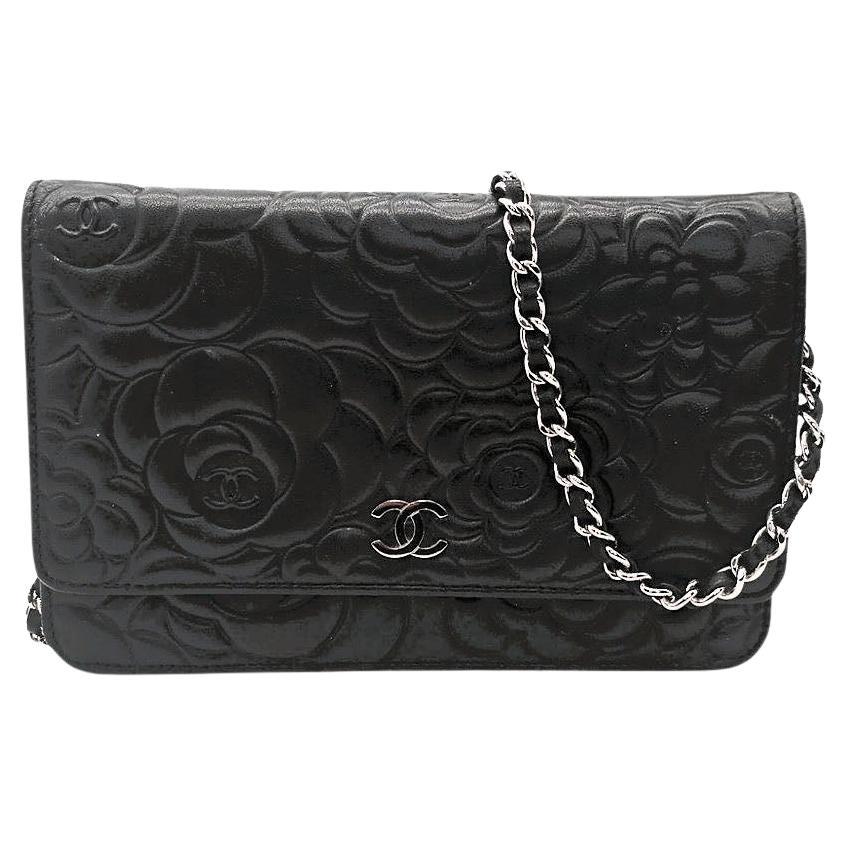 Chanel Vintage Black Lambskin Camellia Embossed Wallet On Chain WOC For Sale