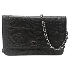Chanel Vintage Black Lambskin Camellia Embossed Wallet On Chain WOC