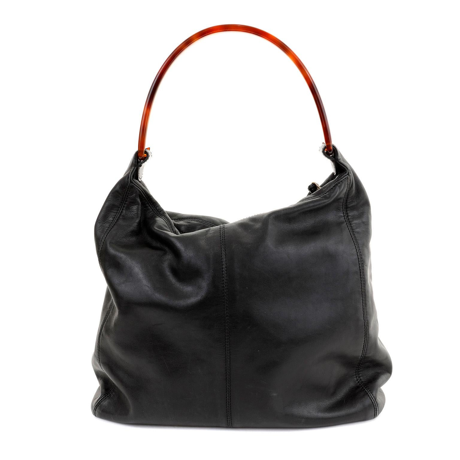 Chanel Vintage Black Lambskin CC Tortoise Handle Hobo In Good Condition In Palm Beach, FL