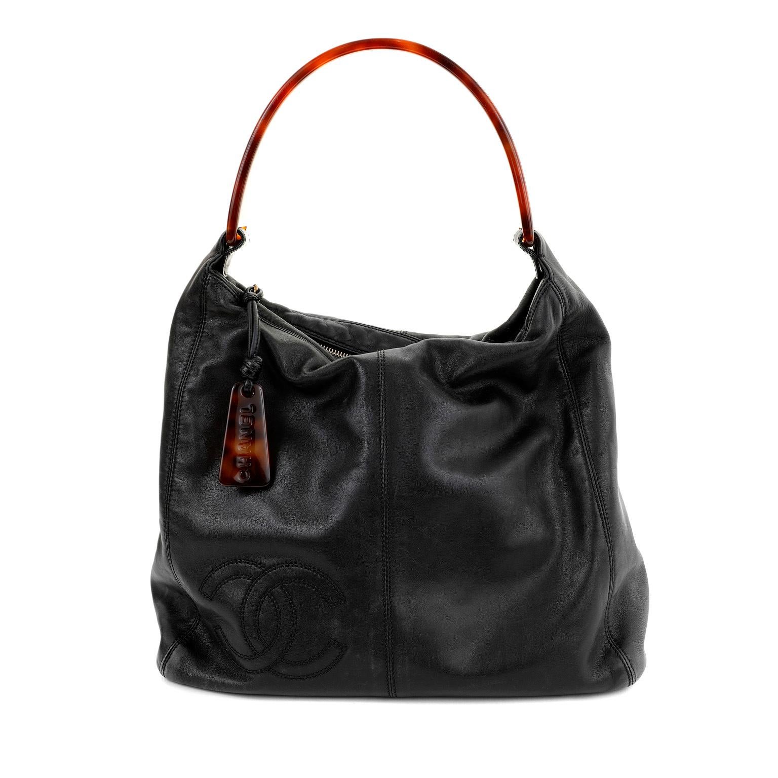 Chanel Vintage Black Lambskin CC Tortoise Handle Hobo 1