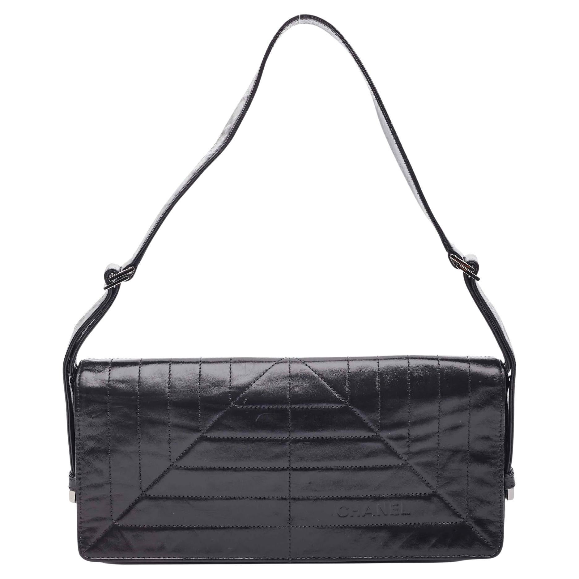 Chanel Vintage Black Lambskin Horizontal Quilted Flap Bag For Sale