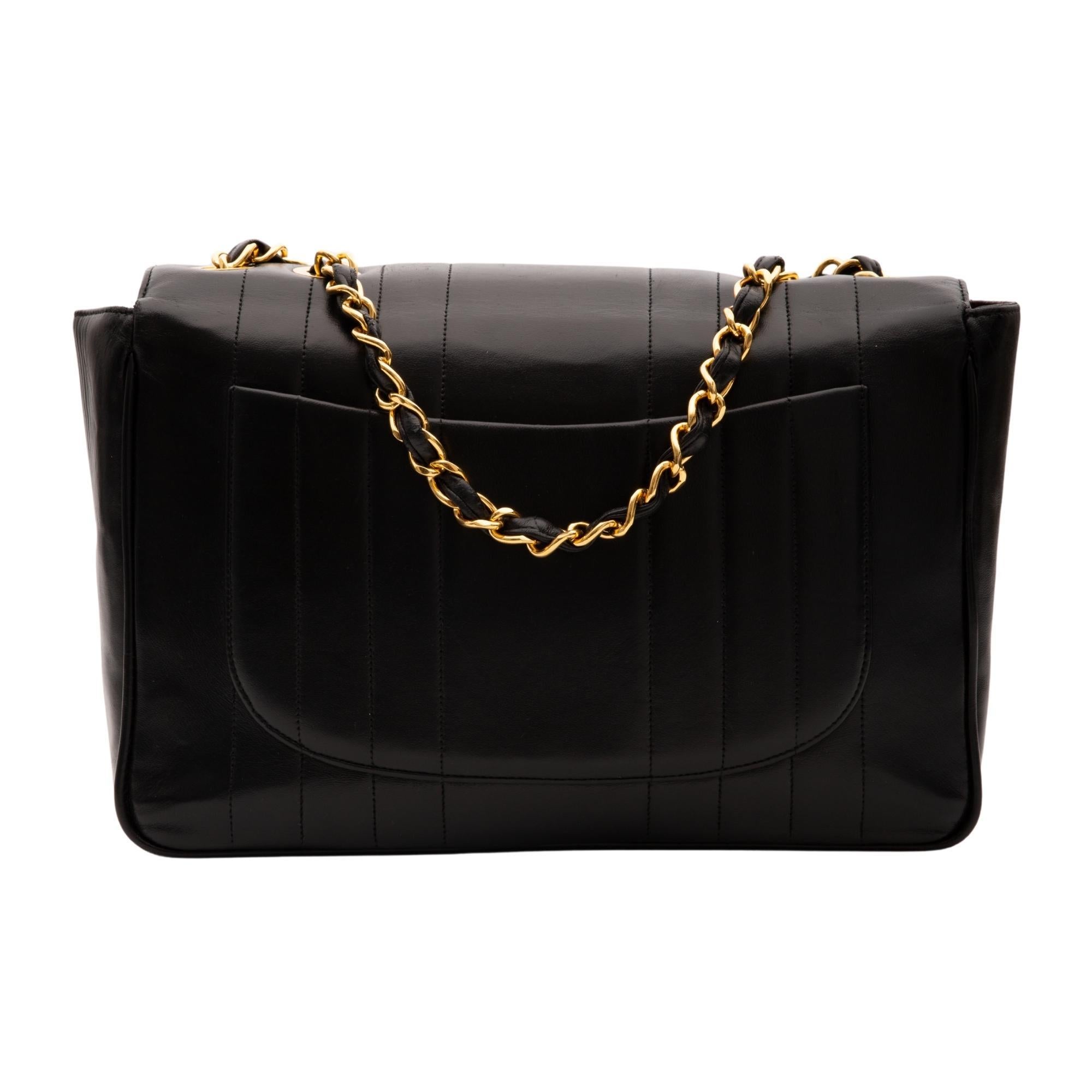 Chanel lambskin jumbo flap bag. Gold hardware.

COLOR: Black
MATERIAL: Lambskin
ITEM CODE: Illegible
MEASURES: H 6” x L 12.5” x D 3”
DROP: 13.5” (single strap) and 22” (single strap)
CONDITION: Good - bag was professionally cleaned, refurbished and