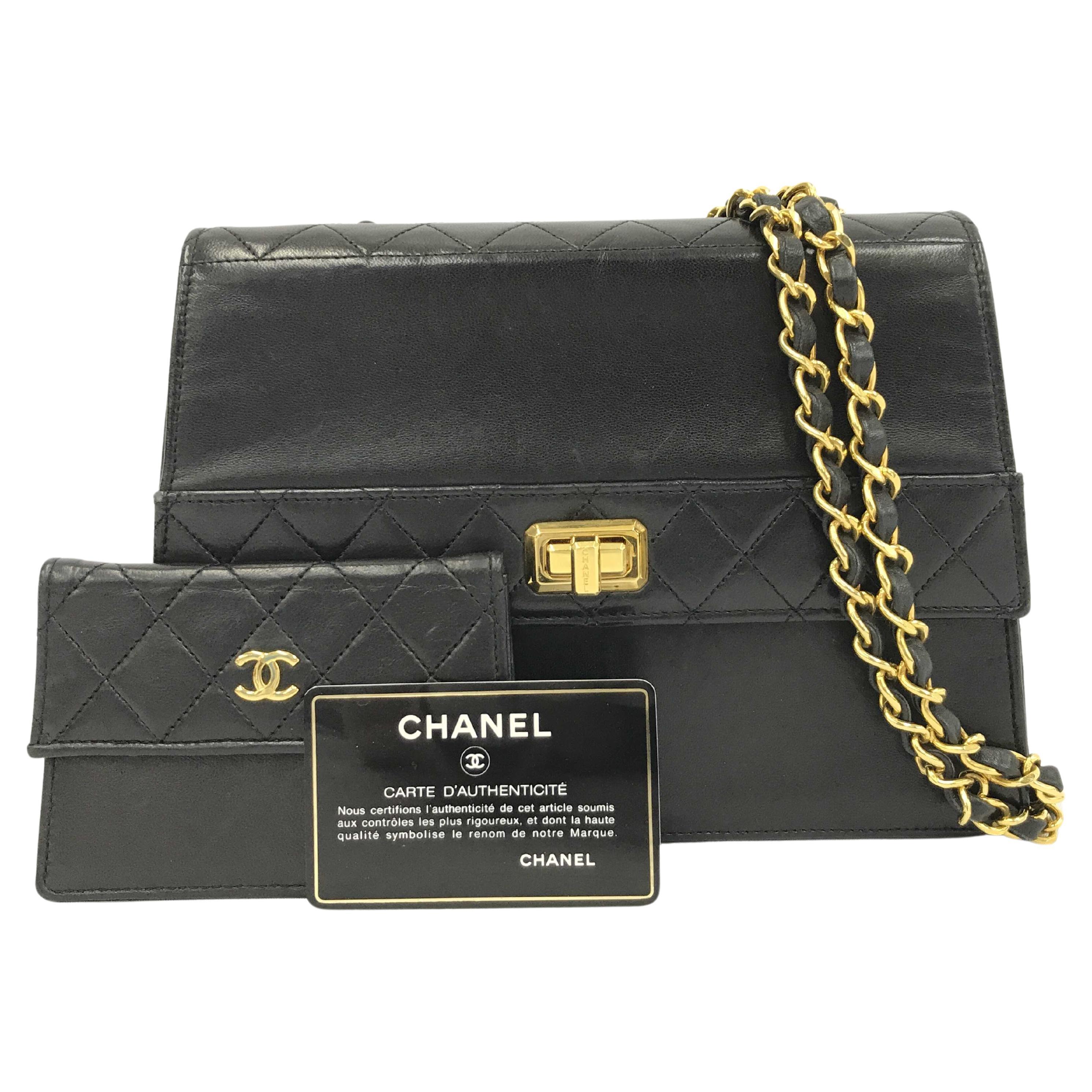 Chanel Vintage Black Lambskin Leather 2.55 Trapezoid CC Medium Flap Bag