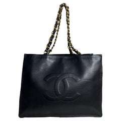 Chanel Vintage Black Lambskin Leather CC Logo Tote Bag