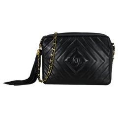 Chanel Vintage Black Lambskin Leather Diamond Quilted Camera Bag
