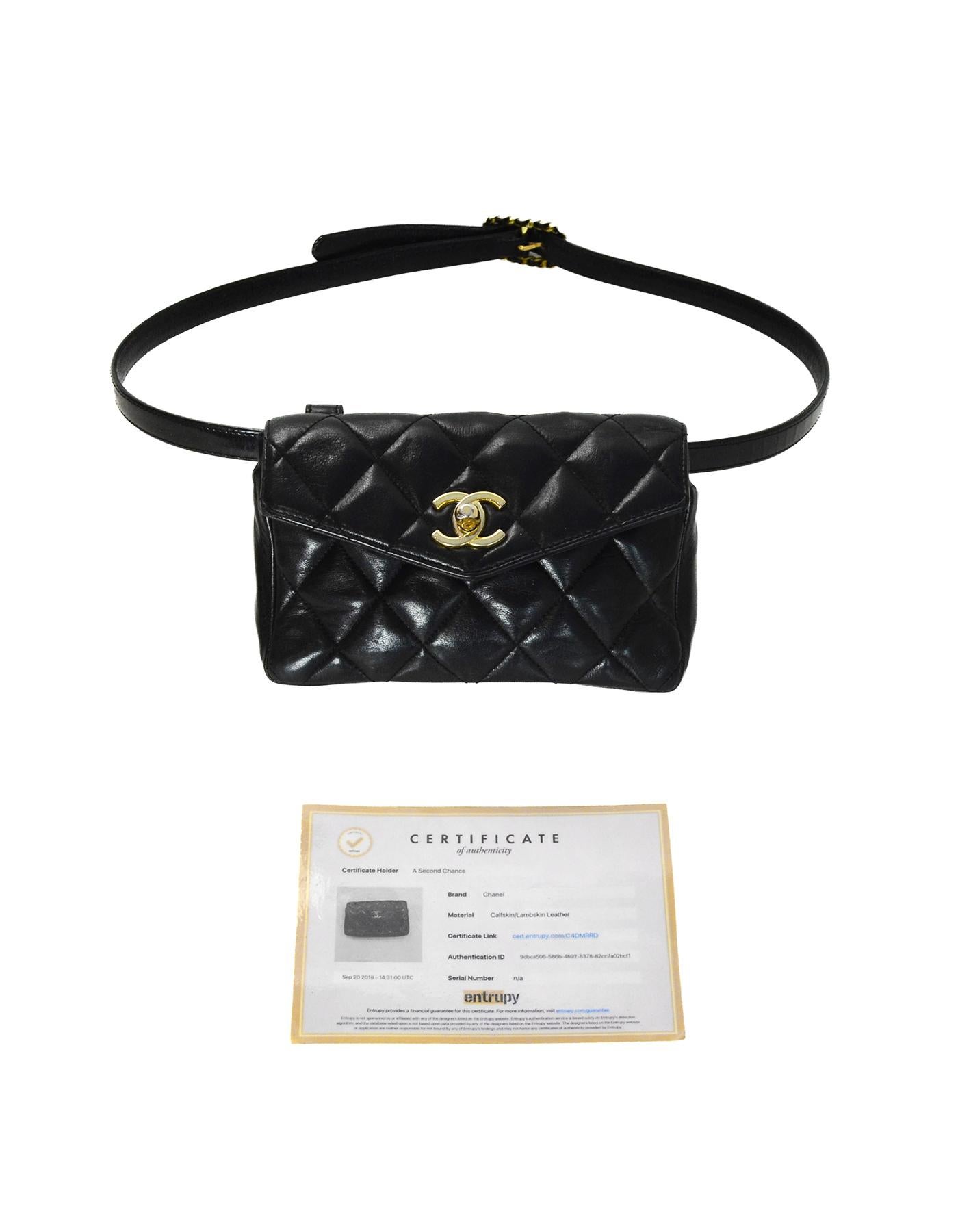 Chanel Vintage Black Lambskin Leather Quilted Belt Bag W/ Patent Belt Sz 34 7