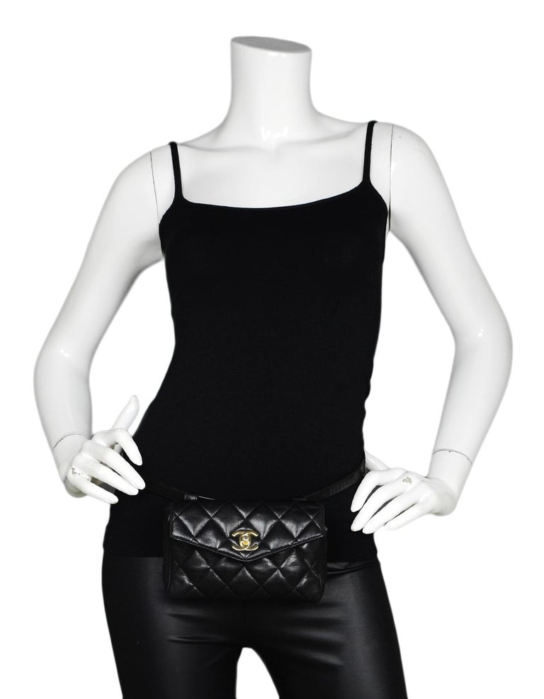 Chanel Vintage Black Lambskin Leather Quilted Belt Bag W/ Patent Belt