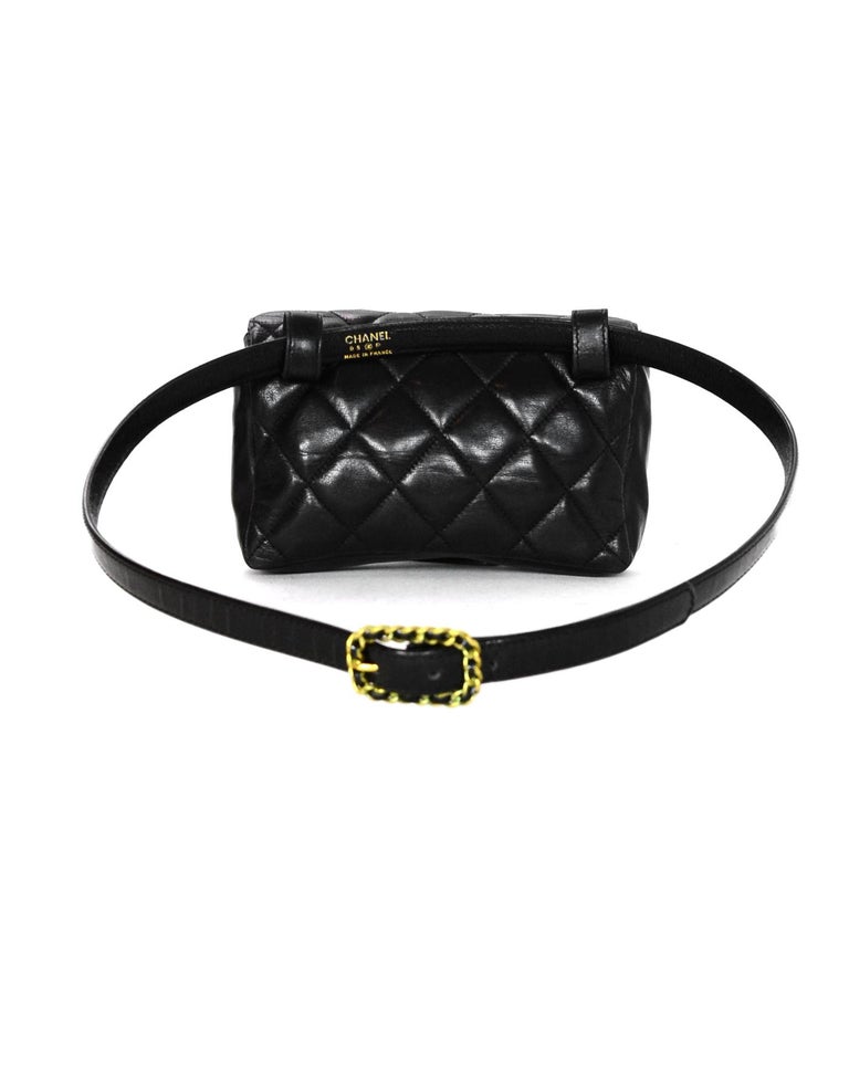 Chanel Vintage Black Lambskin Leather Quilted Belt Bag W/ Patent Belt
