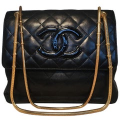 Chanel Vintage Black Lambskin Leather with Patent Leather CC Shoulder Bag