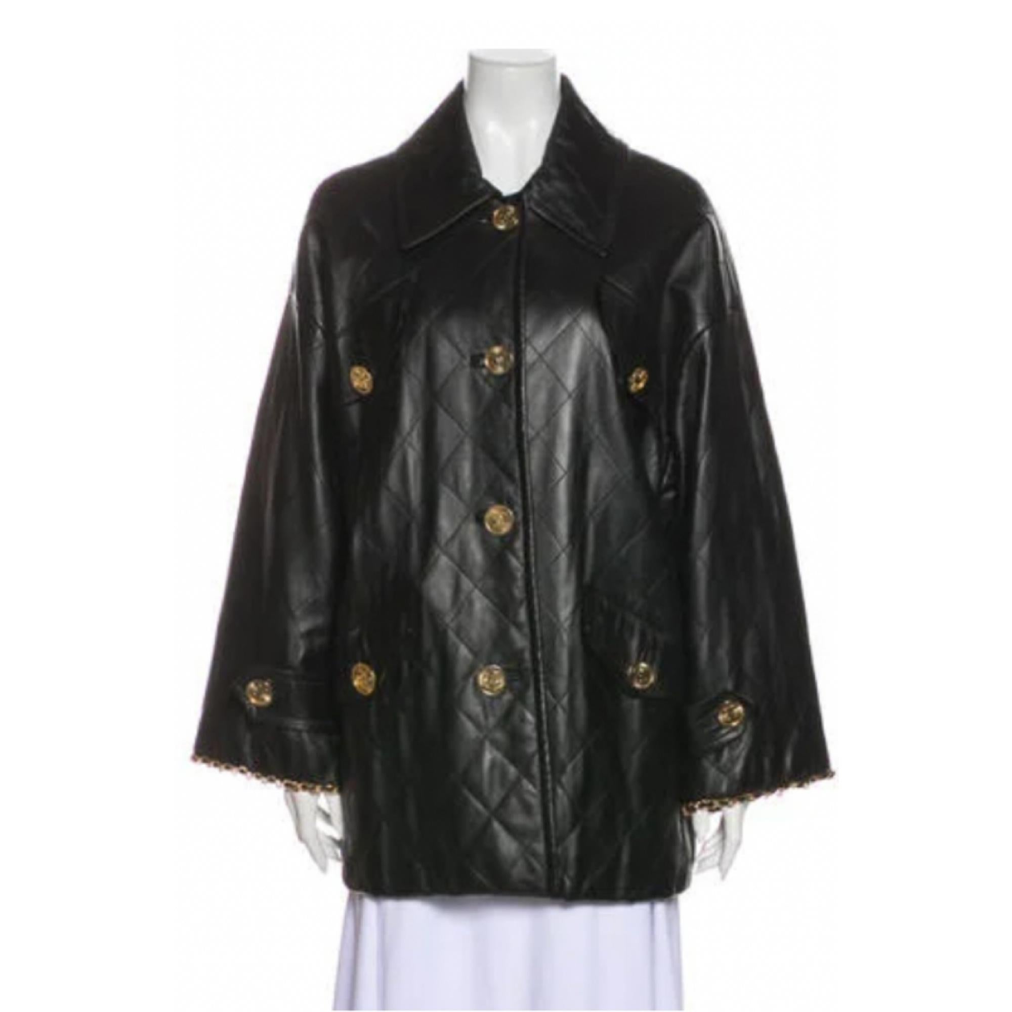 Chanel Vintage Black Lambskin Quilted Leather Swing Coat (FR44  Large) For Sale 6