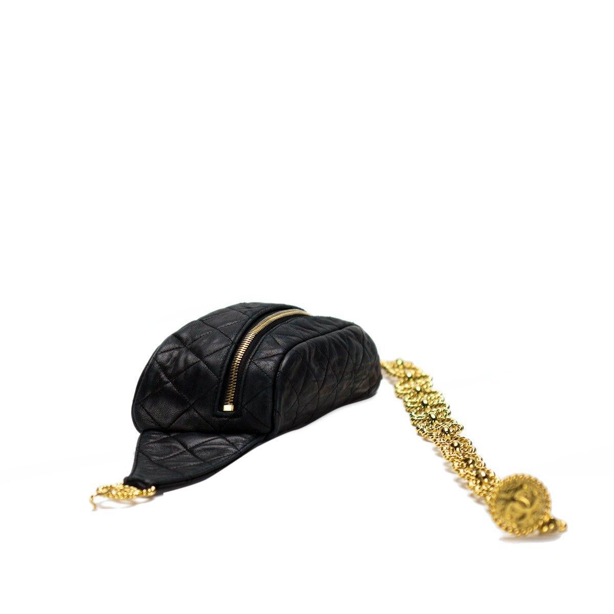 Women's or Men's Chanel Vintage Black Lambskin Quilted Medallion Fanny Pack Waist Belt Bag Rare For Sale