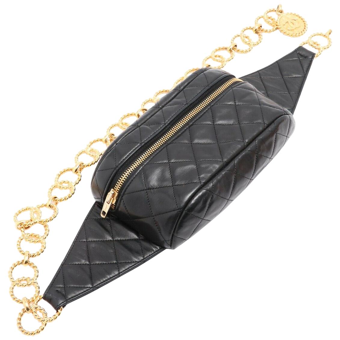 Chanel Vintage Black Lambskin Quilted Medallion Fanny Pack Waist Belt Bag Rare