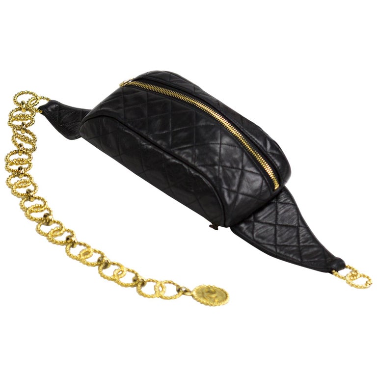 Chanel Vintage Black Lambskin Quilted Medallion Fanny Pack Waist Belt Bag  Rare