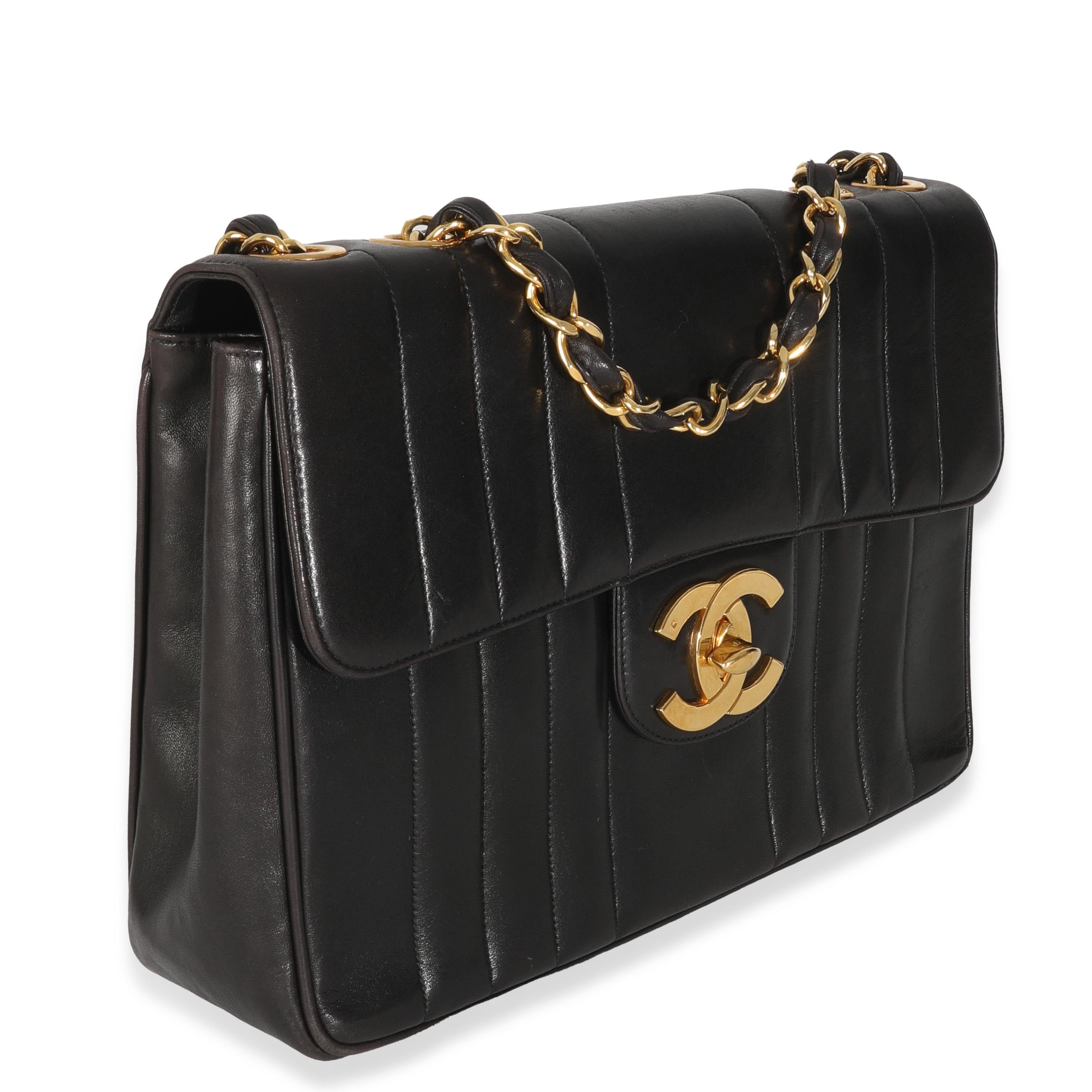 Chanel Vintage Black Lambskin Vertical Stitch Jumbo XL Flap Bag In Good Condition For Sale In New York, NY