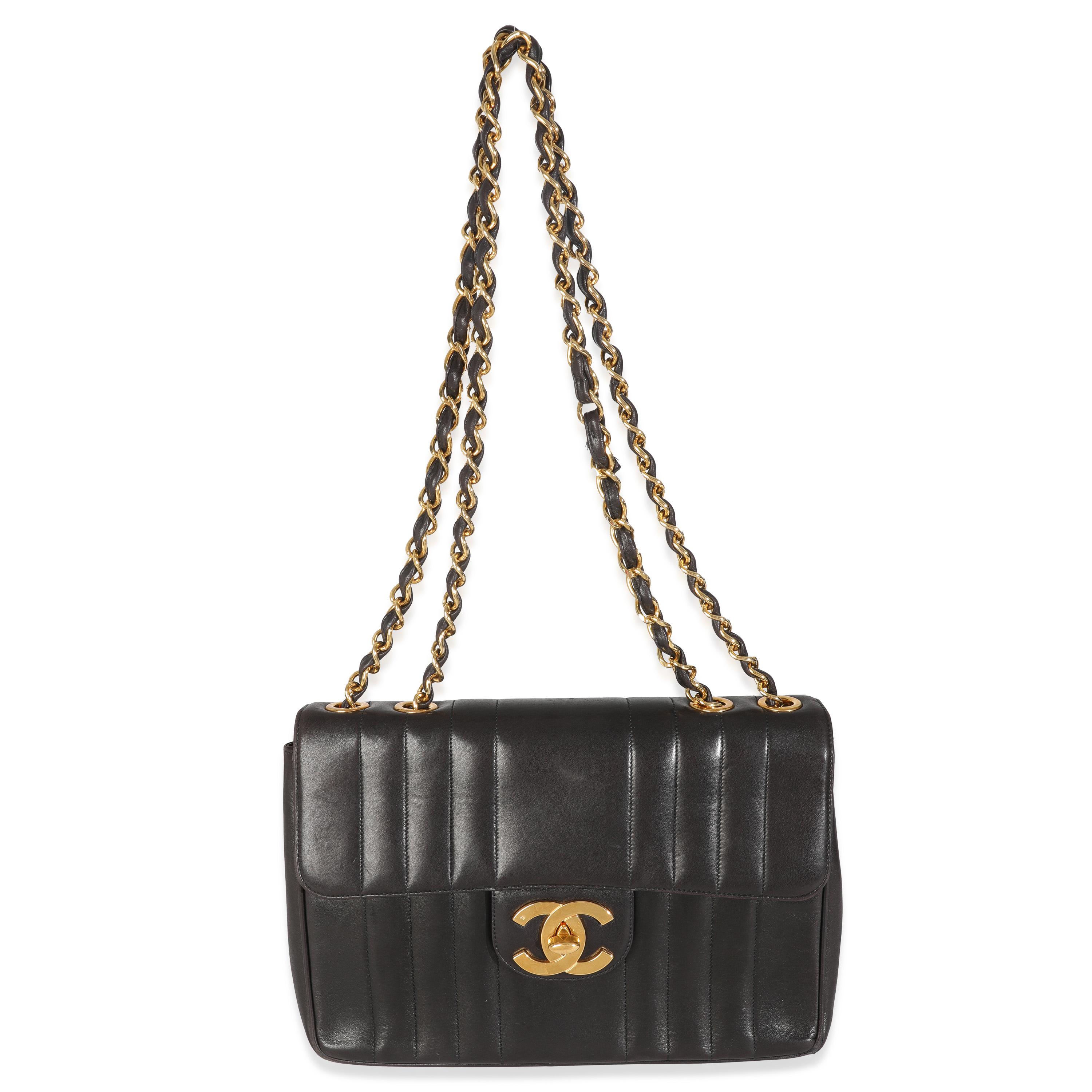 Chanel Vintage Black Lambskin Vertical Stitch Jumbo XL Flap Bag For Sale 3