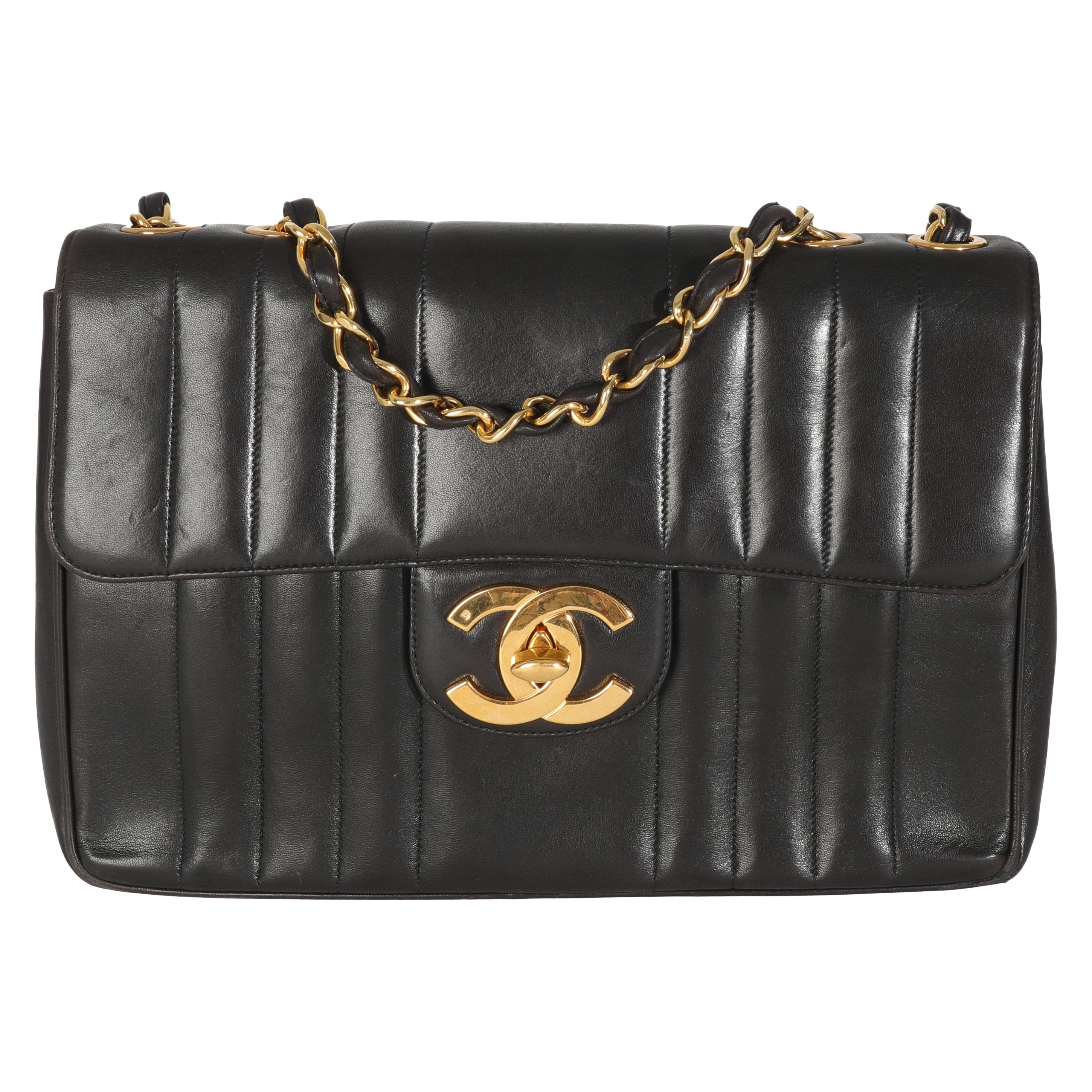 Chanel Vintage Black Lambskin Vertical Stitch Jumbo XL Flap Bag For Sale