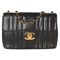 Chanel Vintage Black Lambskin Vertical Stitch Jumbo XL Flap Bag