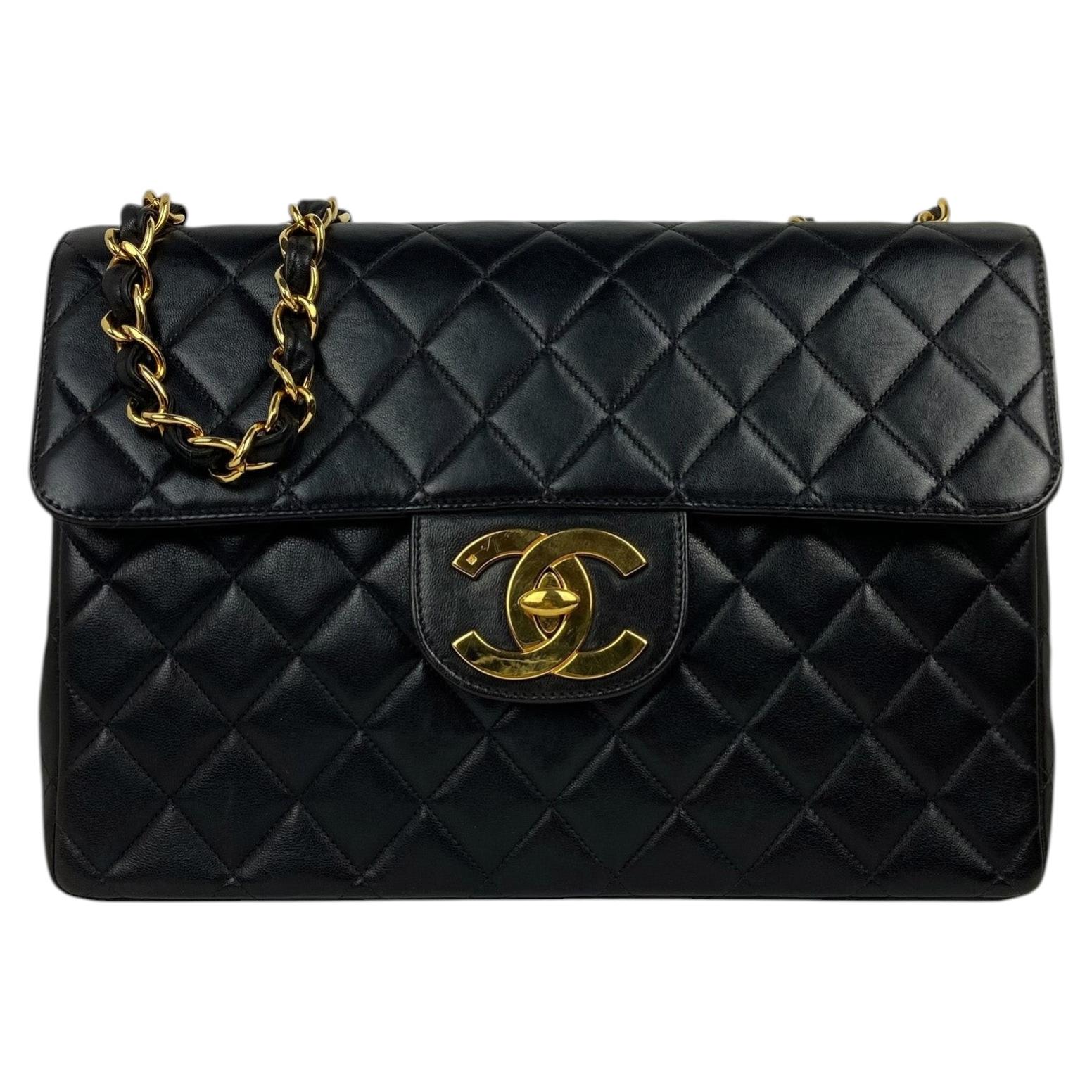 Chanel Vintage Black Lambskin XL Jumbo Bag GHW For Sale
