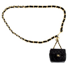 Chanel Vintage Black Leather 2 in 1 Micro Mini Flap Bag Waist Belt Chain