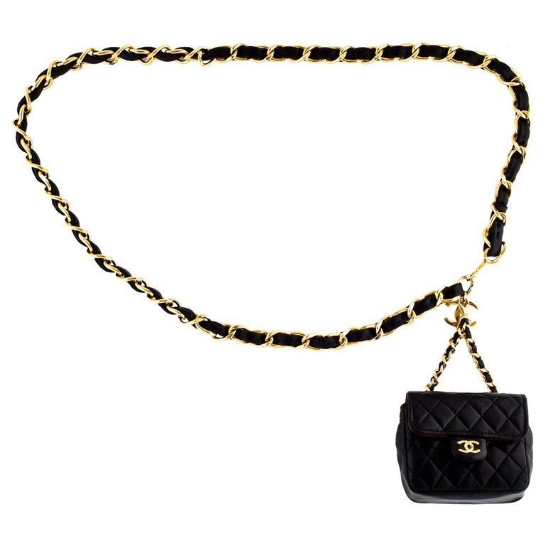 Chanel Vintage Black Leather 2 In 1 Micro Mini Flap Bag Waist Belt Chain At  1Stdibs