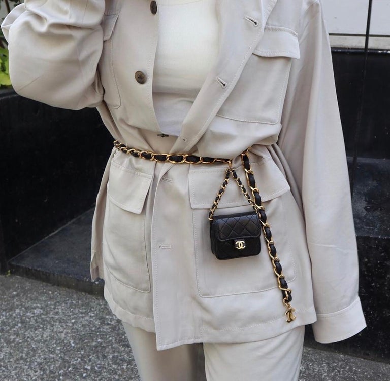 Chanel Vintage Black Leather 2 in 1 Micro Mini Flap Bag Waist Belt