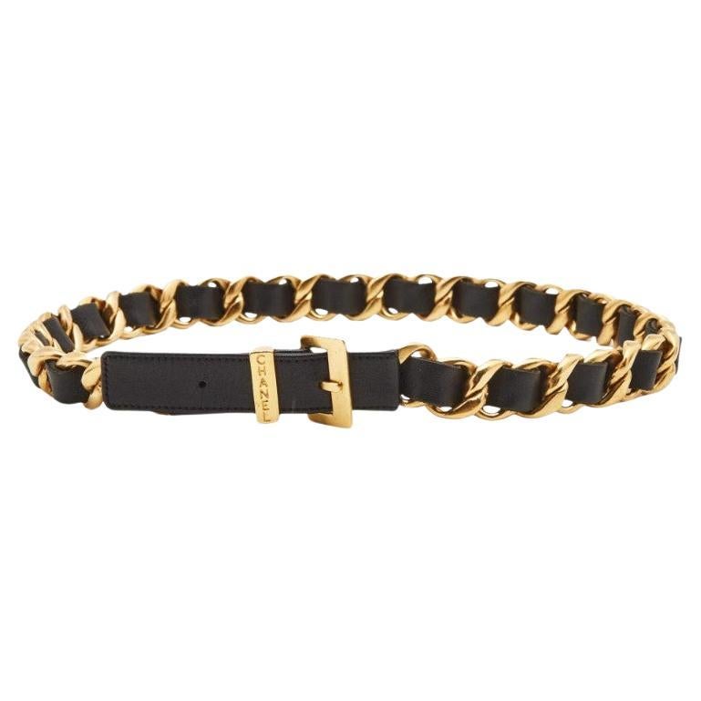 CHANEL Vintage Schwarzes Leder Schnalle Gold Kette A Link Gürtel, 1990er Jahre