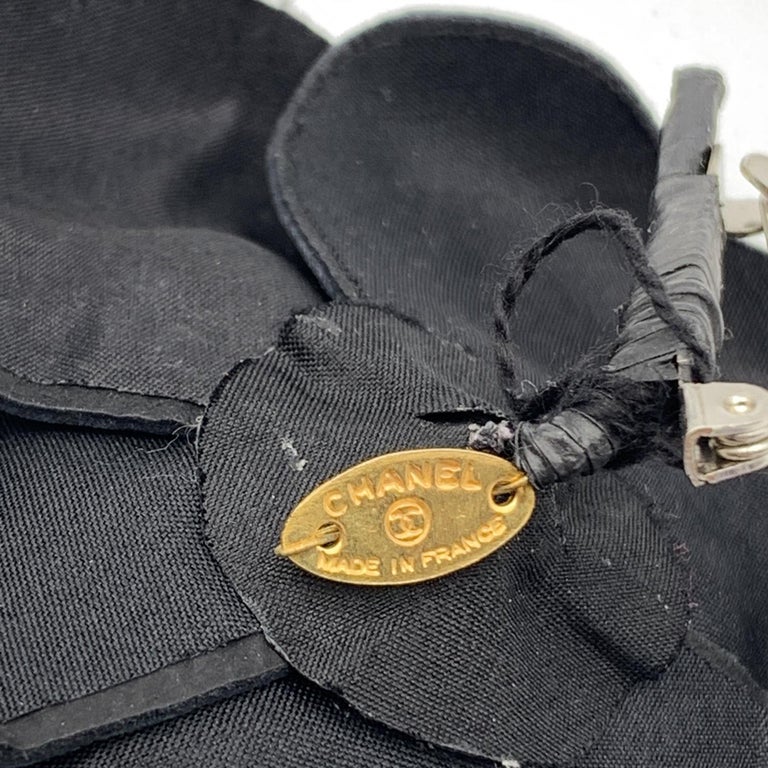 Chanel Vintage Black Leather Camelia Camellia Flower Pin Brooch at
