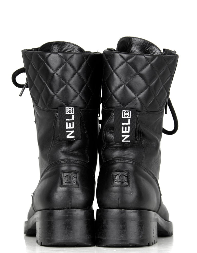 Chanel Vintage Black Leather CC Combat Boots Sz 36