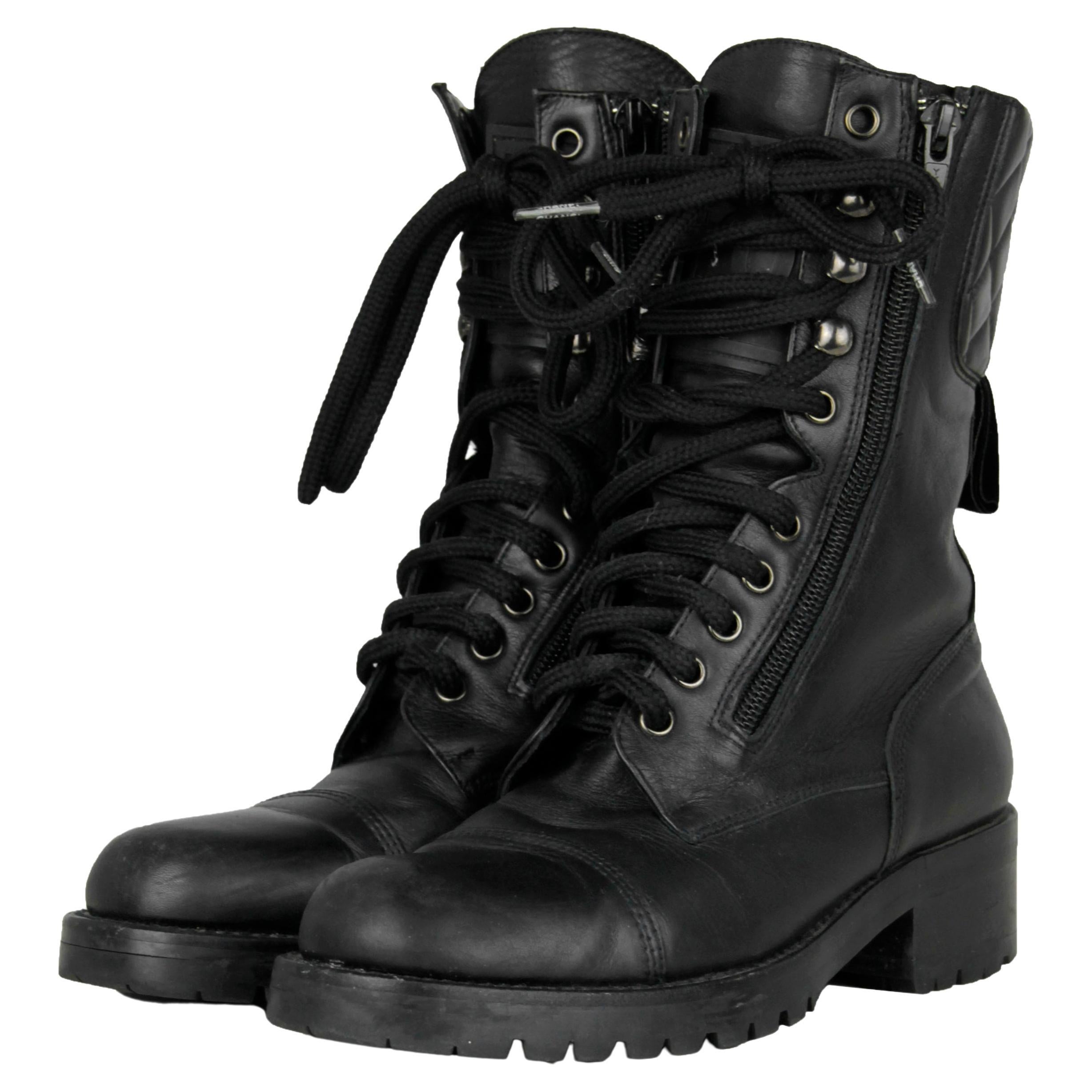 Chanel Vintage Black Leather CC Combat Boots sz 36 For Sale at 1stDibs