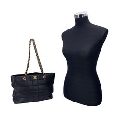 Chanel Vintage Black Leather Chocolate Bar Quilting Tote Shoulder Bag