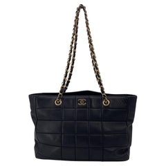 Chanel Vintage Black Leather Chocolate Bar Quilting Tote Shoulder Bag