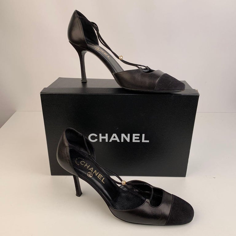 Chanel Vintage Black Leather Cross Strap Pearl Shoes Heels Size 38 For ...