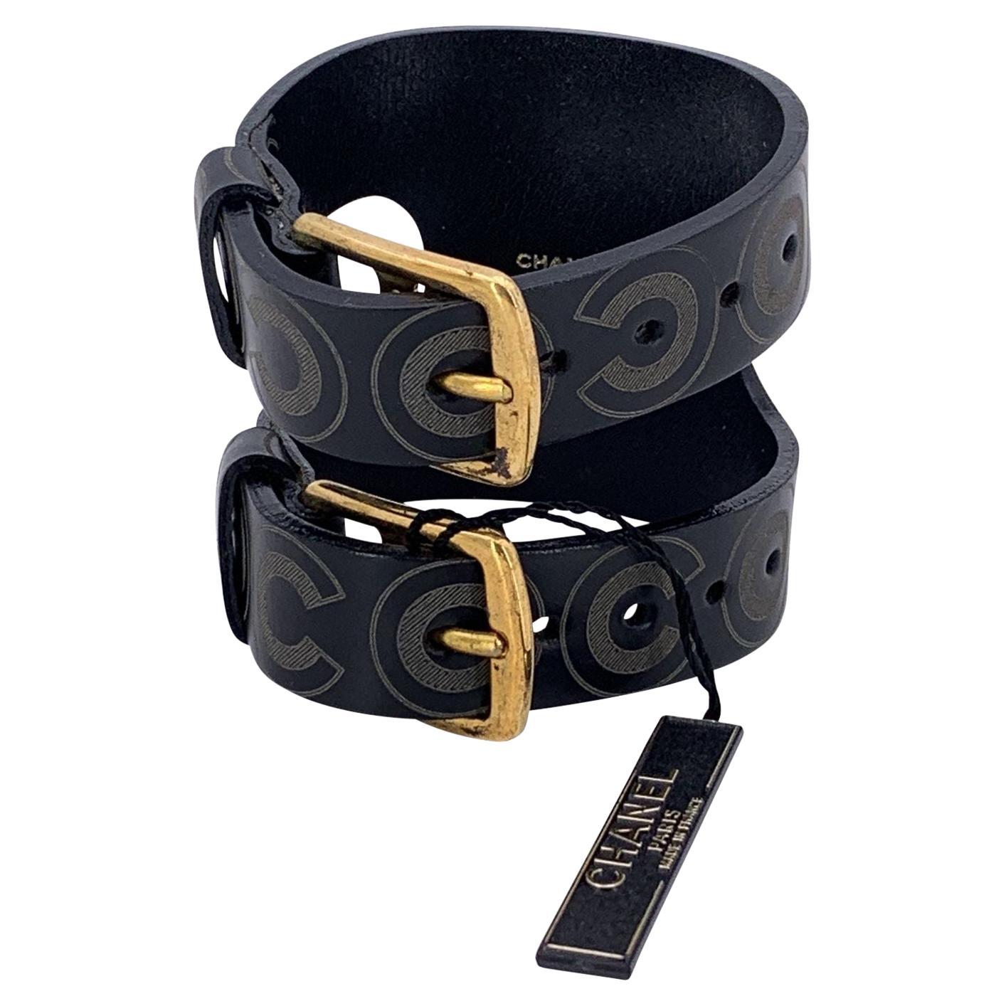 Chanel Vintage Black Leather Double Buckle Coco Adjustable Bracelet For Sale