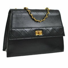 Chanel Vintage Black Leather Gold Box Small Kelly Evening Shoulder Flap Bag