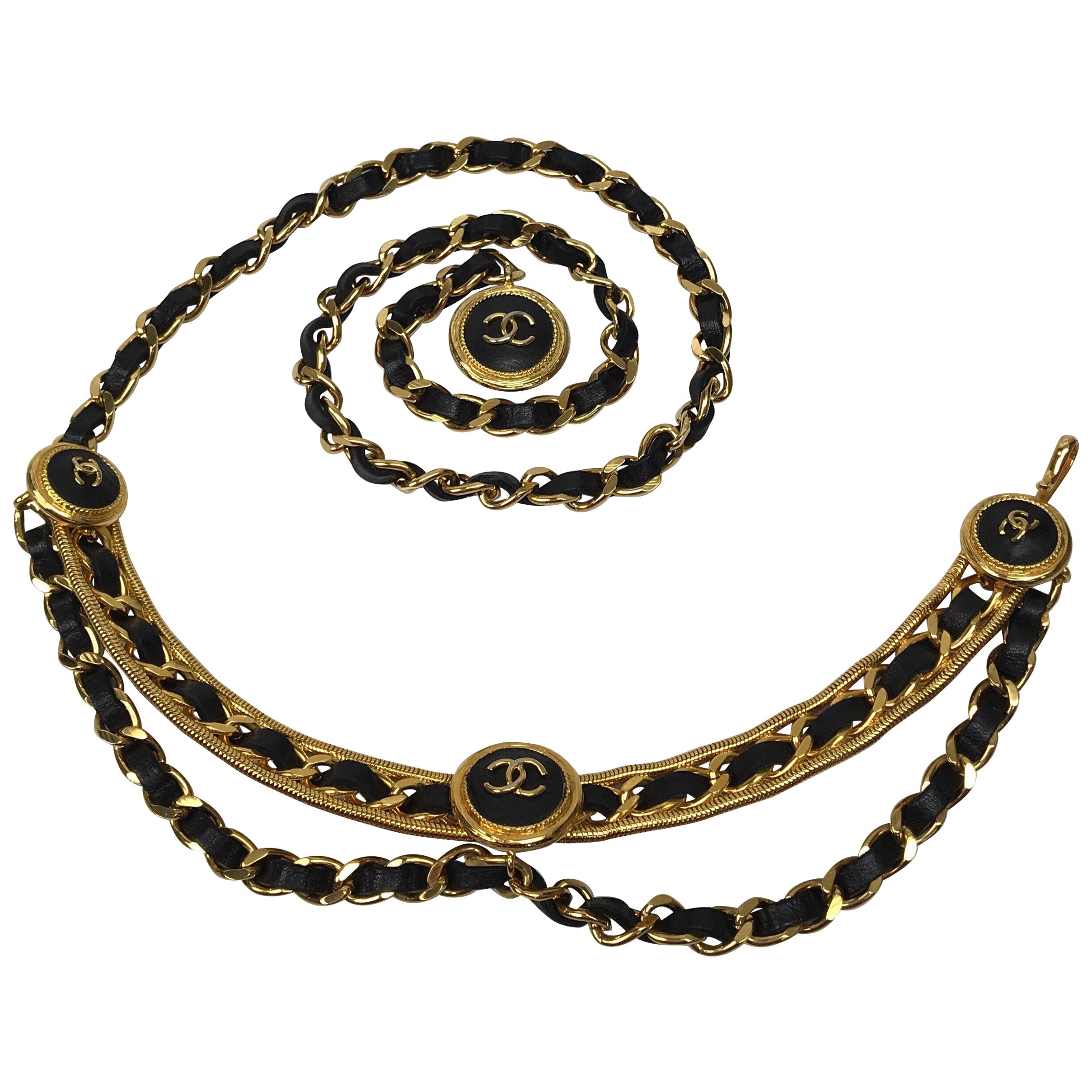 Chanel Vintage Black Leather/ Gold Chain "CC" Clover Belt